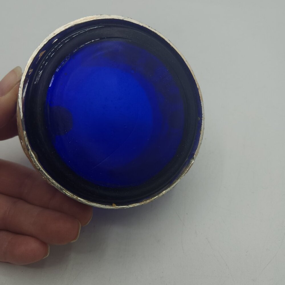 Vintage Cobalt Blue Glass Bowl with Silver Overlay 3.5" Wide - Picture 4 of 6